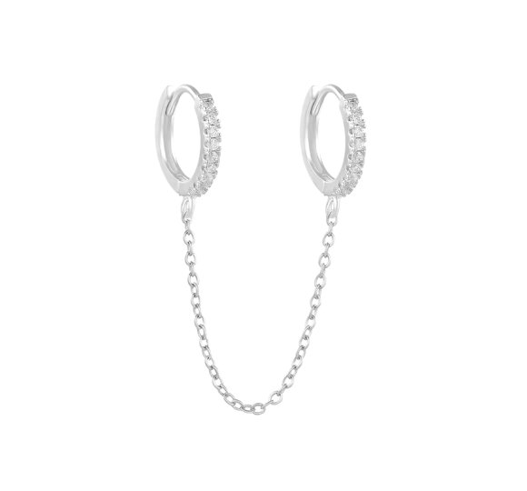 Double hoop chain - srebrne kolczyki kółka z cyrkoniami połączone łańcuszkami