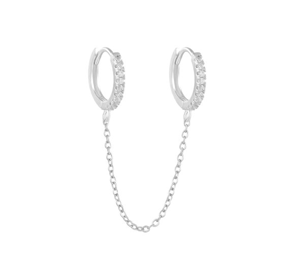 Double hoop chain - srebrne kolczyki kółka z cyrkoniami połączone łańcuszkami