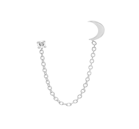 Double studs moon - srebrne kolczyki sztyft połączone łańcuszkiem