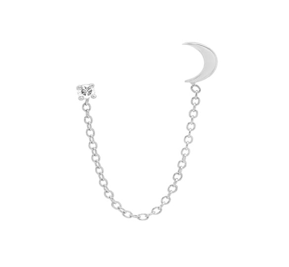 Double studs moon - srebrne kolczyki sztyft połączone łańcuszkiem
