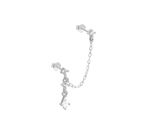 Double diamond chain - srebrne kolczyki sztyft połączone łańcuszkiem