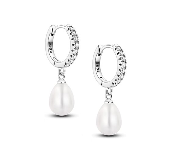 Pearl Drop Hoop Earrings - srebrne kolczyki kółka z zawieszkami