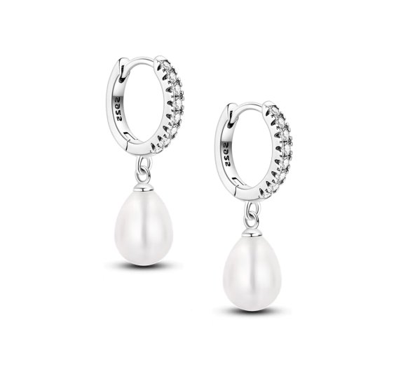 Pearl Drop Hoop Earrings - srebrne kolczyki kółka z zawieszkami