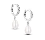 Pearl Drop Hoop Earrings - srebrne kolczyki kółka z zawieszkami