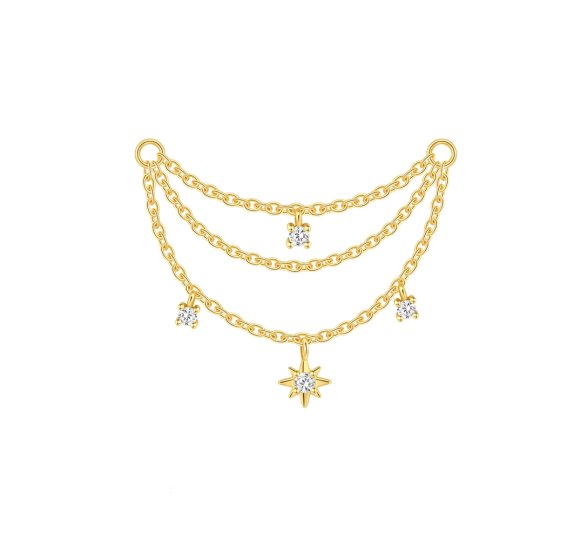 Starbust triple chain - pozłacany, potrójny łańcuszek do kolczyka z zawieszkami