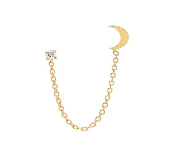 Double studs moon - pozłacane kolczyki sztyfty połączone łańcuszkiem