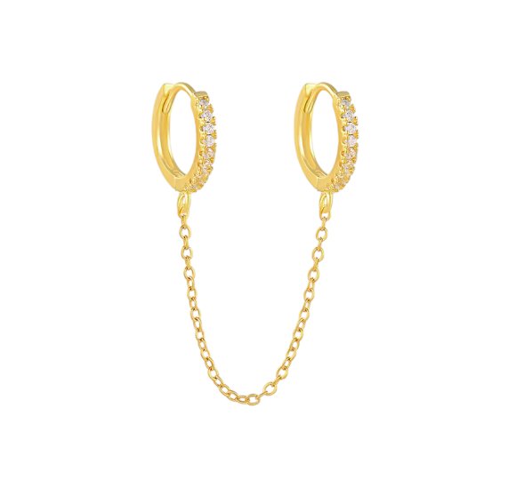 Double hoop chain - pozłacane kolczyki kółka z cyrkoniami połączone łańcuszkami