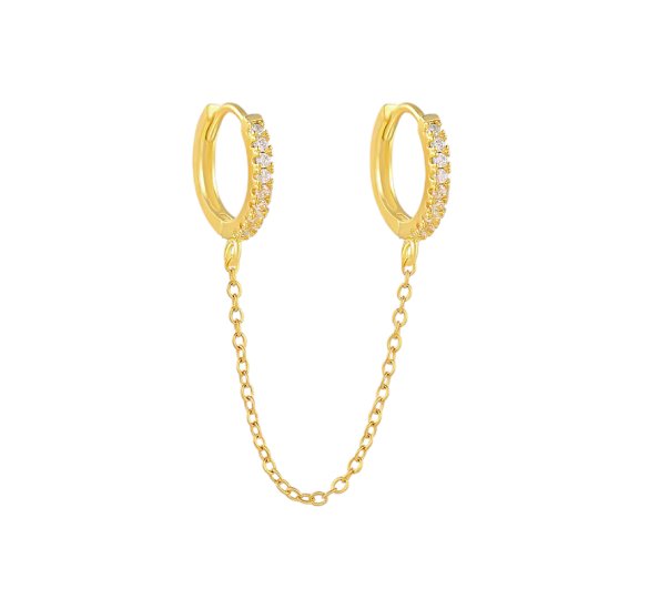 Double hoop chain - pozłacane kolczyki kółka z cyrkoniami połączone łańcuszkami